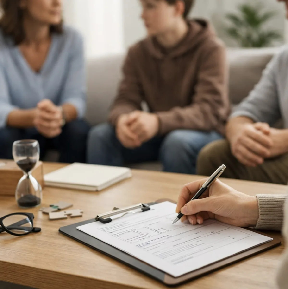 Profesional tomando notas en una sesión de terapia con una familia